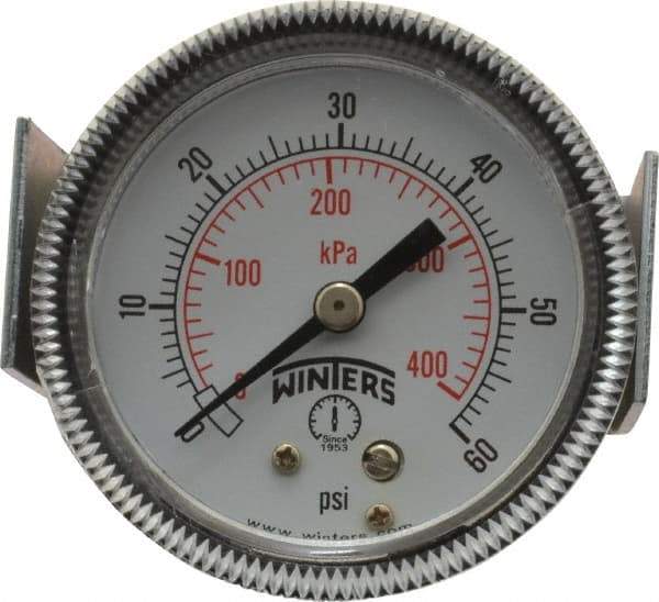 Winters - 2" Dial, 1/8 Thread, 0-60 Scale Range, Pressure Gauge - U-Clamp Panel Mount, Center Back Connection Mount, Accurate to 2.5% of Scale - Americas Industrial Supply