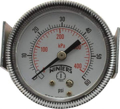 Winters - 2" Dial, 1/8 Thread, 0-60 Scale Range, Pressure Gauge - U-Clamp Panel Mount, Center Back Connection Mount, Accurate to 2.5% of Scale - Americas Industrial Supply