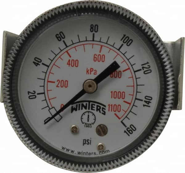 Winters - 2" Dial, 1/8 Thread, 0-160 Scale Range, Pressure Gauge - U-Clamp Panel Mount, Center Back Connection Mount, Accurate to 2.5% of Scale - Americas Industrial Supply