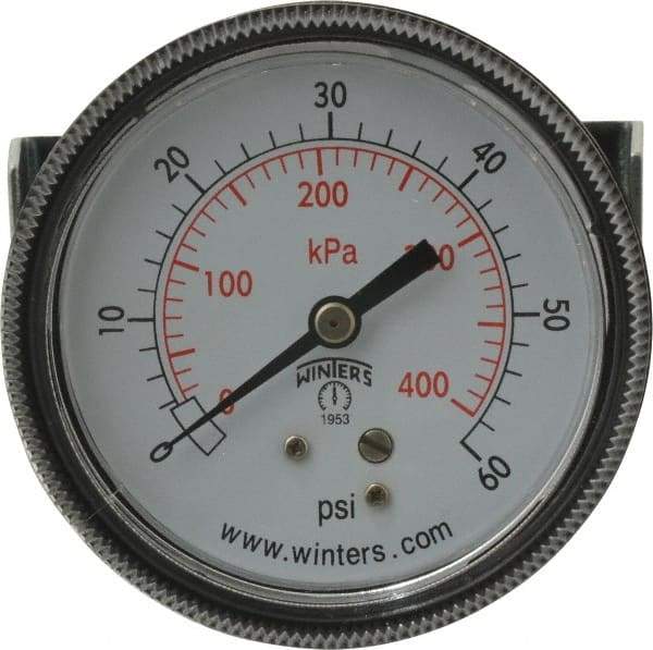 Winters - 2-1/2" Dial, 1/4 Thread, 0-60 Scale Range, Pressure Gauge - U-Clamp Panel Mount, Center Back Connection Mount, Accurate to 2.5% of Scale - Americas Industrial Supply