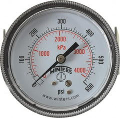 Winters - 2-1/2" Dial, 1/4 Thread, 0-600 Scale Range, Pressure Gauge - U-Clamp Panel Mount, Center Back Connection Mount, Accurate to 2.5% of Scale - Americas Industrial Supply
