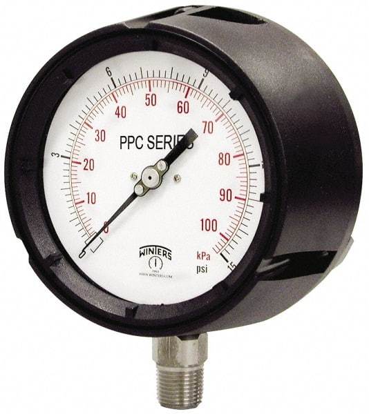 Winters - 4-1/2" Dial, 1/2 Thread, 0-10,000 Scale Range, Pressure Gauge - Lower Connection Mount, Accurate to 0.5% of Scale - Americas Industrial Supply