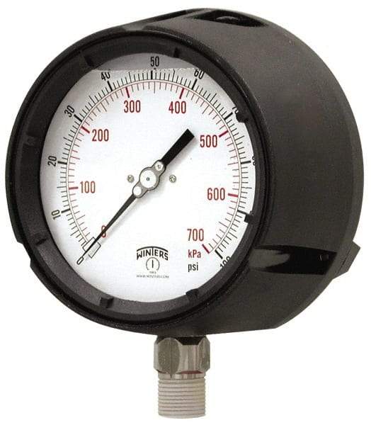 Winters - 4-1/2" Dial, 1/2 Thread, 0-600 Scale Range, Pressure Gauge - Lower Connection Mount, Accurate to 0.5% of Scale - Americas Industrial Supply