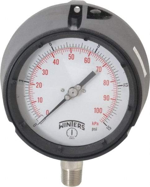 Winters - 4-1/2" Dial, 1/2 Thread, 0-15 Scale Range, Pressure Gauge - Lower Connection Mount, Accurate to 0.5% of Scale - Americas Industrial Supply
