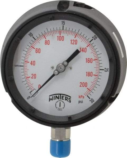 Winters - 4-1/2" Dial, 1/2 Thread, 0-30 Scale Range, Pressure Gauge - Lower Connection Mount, Accurate to 0.5% of Scale - Americas Industrial Supply