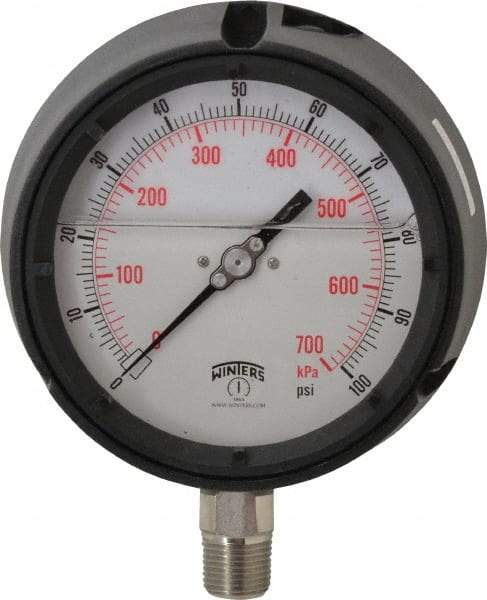 Winters - 4-1/2" Dial, 1/2 Thread, 0-100 Scale Range, Pressure Gauge - Lower Connection Mount, Accurate to 0.5% of Scale - Americas Industrial Supply