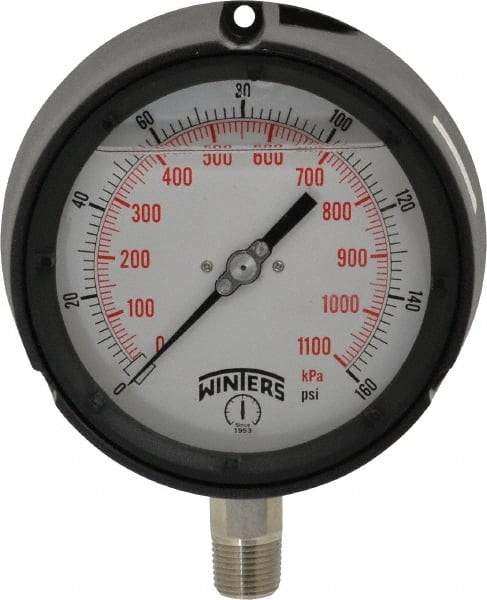 Winters - 4-1/2" Dial, 1/2 Thread, 0-160 Scale Range, Pressure Gauge - Lower Connection Mount, Accurate to 0.5% of Scale - Americas Industrial Supply