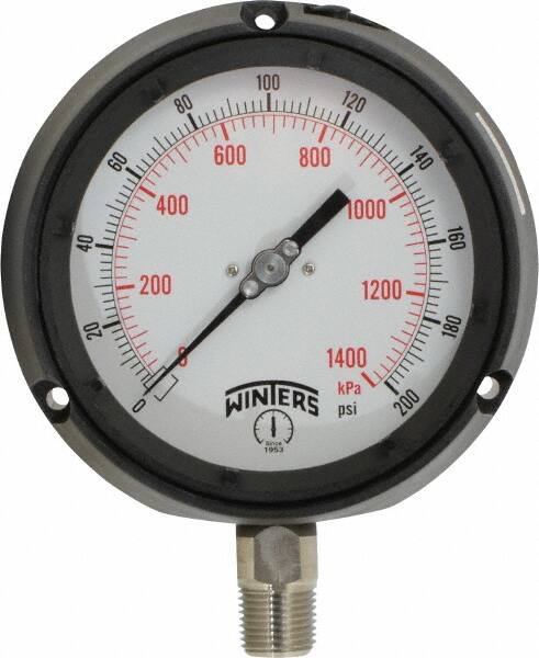 Winters - 4-1/2" Dial, 1/2 Thread, 0-200 Scale Range, Pressure Gauge - Lower Connection Mount, Accurate to 0.5% of Scale - Americas Industrial Supply
