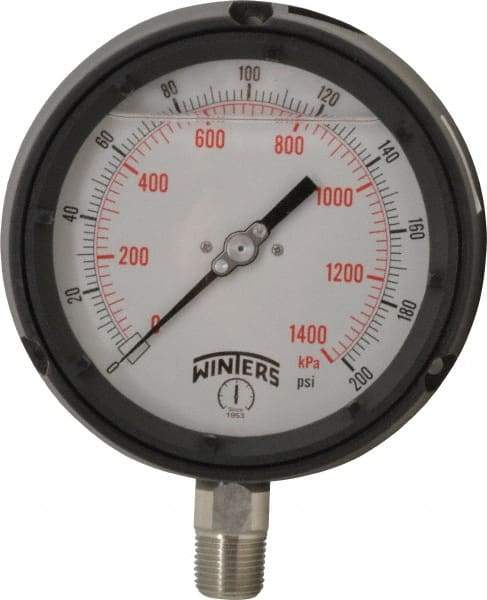 Winters - 4-1/2" Dial, 1/2 Thread, 0-200 Scale Range, Pressure Gauge - Lower Connection Mount, Accurate to 0.5% of Scale - Americas Industrial Supply