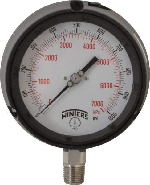 Winters - 4-1/2" Dial, 1/2 Thread, 0-1,000 Scale Range, Pressure Gauge - Lower Connection Mount, Accurate to 0.5% of Scale - Americas Industrial Supply