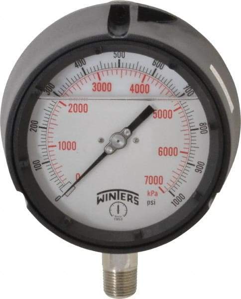 Winters - 4-1/2" Dial, 1/2 Thread, 0-1,000 Scale Range, Pressure Gauge - Lower Connection Mount, Accurate to 0.5% of Scale - Americas Industrial Supply