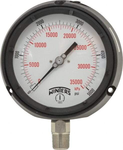 Winters - 4-1/2" Dial, 1/2 Thread, 0-5,000 Scale Range, Pressure Gauge - Lower Connection Mount, Accurate to 0.5% of Scale - Americas Industrial Supply