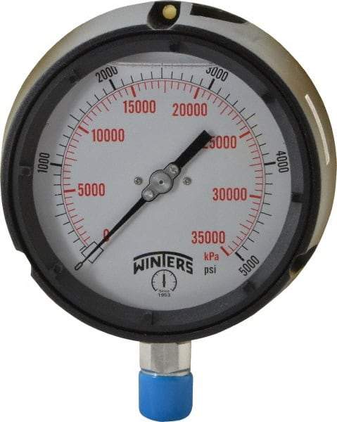 Winters - 4-1/2" Dial, 1/2 Thread, 0-5,000 Scale Range, Pressure Gauge - Lower Connection Mount, Accurate to 0.5% of Scale - Americas Industrial Supply