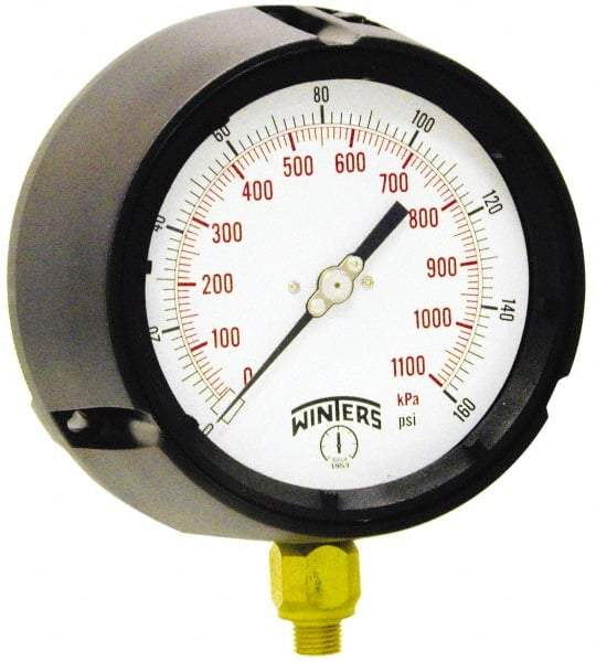 Winters - 4-1/2" Dial, 1/4 Thread, 30-0-160 Scale Range, Pressure Gauge - Lower Connection Mount, Accurate to 0.5% of Scale - Americas Industrial Supply
