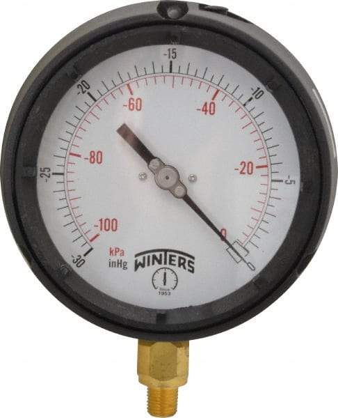 Winters - 4-1/2" Dial, 1/4 Thread, 30-0 Scale Range, Pressure Gauge - Lower Connection Mount, Accurate to 0.5% of Scale - Americas Industrial Supply