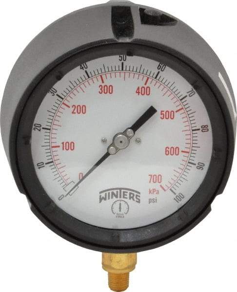 Winters - 4-1/2" Dial, 1/4 Thread, 0-100 Scale Range, Pressure Gauge - Lower Connection Mount, Accurate to 0.5% of Scale - Americas Industrial Supply