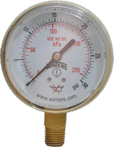 Winters - 1/4 Inch NPT, 22.5 Max psi, Brass Case Cylinder Pressure Gauge - 2-1/2 Inch Dial Diameter, 0 to 30 psi Display Range - Exact Industrial Supply