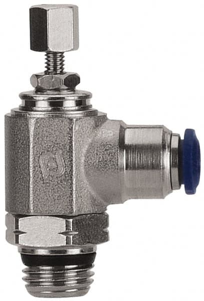 Value Collection - 1/4" Pipe, Angled Miniature Needle Valve - Buna Seal, Male x Push to Connect Ends, Nickel Plated Brass Valve, 145 Max psi - Americas Industrial Supply