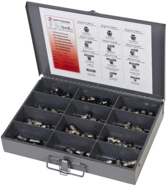 Value Collection - 60 Piece, Push to Connect Fitting Kit - Mixed Universal Threads, 1/4" Tube - Americas Industrial Supply