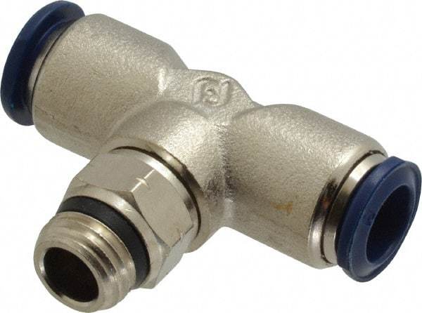 Value Collection - 3/8" Outside Diam, 1/4 Universal, Nickel Plated Brass Push-to-Connect Tube Male Swivel Branch Tee - 250 Max psi, Tube to Universal Thread Connection, Buna O-Ring - Americas Industrial Supply