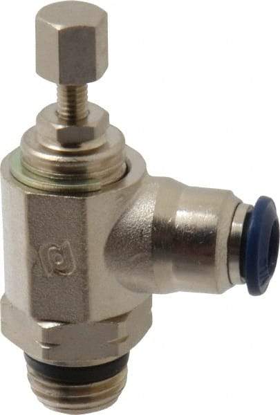 Value Collection - 1/4" Pipe, Angled Miniature Needle Valve - Buna Seal, Male x Push to Connect Ends, Nickel Plated Brass Valve, 145 Max psi - Americas Industrial Supply