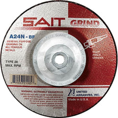 Sait - 24 Grit, 4-1/2" Wheel Diam, 1/4" Wheel Thickness, Type 28 Depressed Center Wheel - Aluminum Oxide, Resinoid Bond, N Hardness, 13,300 Max RPM, Compatible with Angle Grinder - Americas Industrial Supply