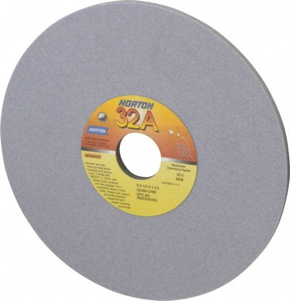 Norton - 8" Diam x 1-1/4" Hole x 1/4" Thick, L Hardness, 80 Grit Surface Grinding Wheel - Aluminum Oxide, Type 1, Medium Grade, 3,600 Max RPM, Vitrified Bond, No Recess - Americas Industrial Supply