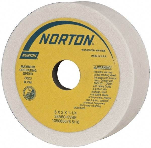 Norton - 6" Diam, 1-1/4" Hole Size, 2" Overall Thickness, 60 Grit, Type 6 Tool & Cutter Grinding Wheel - Medium Grade, Aluminum Oxide, K Hardness, Vitrified Bond, 3,820 RPM - Americas Industrial Supply