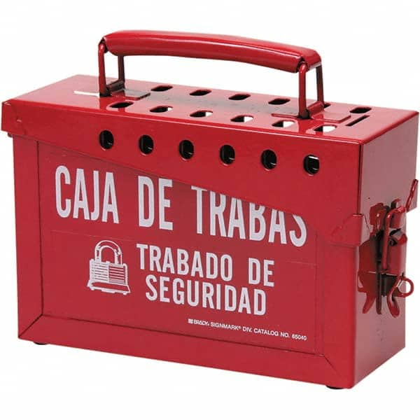 Group Lockout Boxes; Portable or Wall Mount: Portable; Maximum Number of Padlocks: 40; Legend: Caja De Trabas Trabado De Seguridad; Color: Red; Box Material: Steel; Label Language: Spanish; Overall Height (Inch): 6; 6 in; Overall Width (Inch): 9; Overall