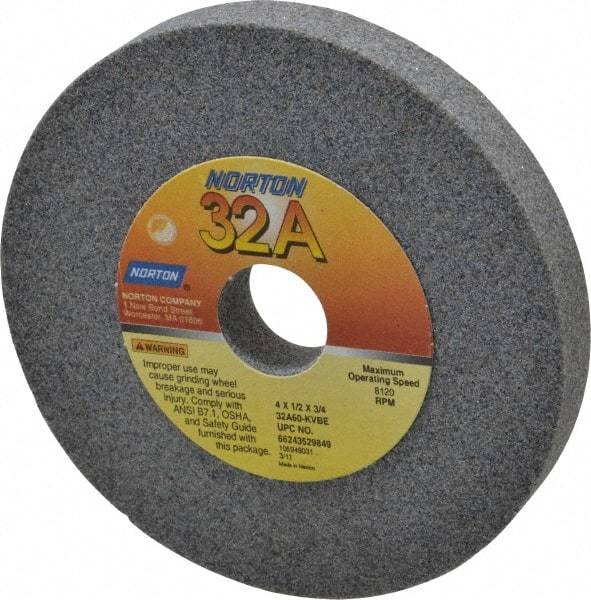 Norton - 60 Grit Aluminum Oxide Type 1 Internal Grinding Wheel - 4" Diam x 3/4" Hole x 1/2" Thick, 8,120 Max RPM, Type 1 Medium Grade, K Hardness, Vitrified Bond, One-Side Recess - Americas Industrial Supply