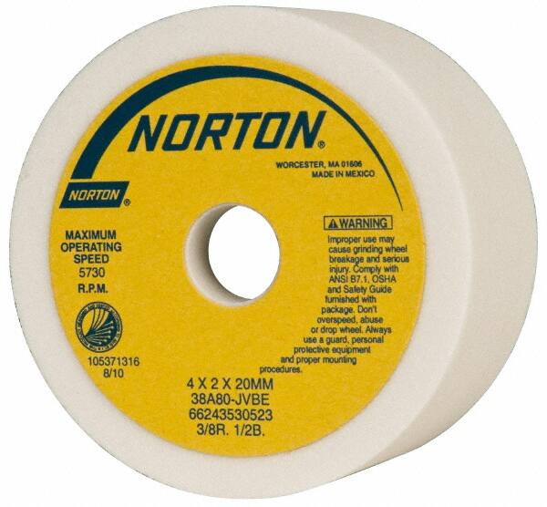 Norton - 4" Diam, 20mm Hole Size, 2" Overall Thickness, 80 Grit, Type 6 Tool & Cutter Grinding Wheel - Medium Grade, Aluminum Oxide, J Hardness, Vitrified Bond, 5,730 RPM - Americas Industrial Supply