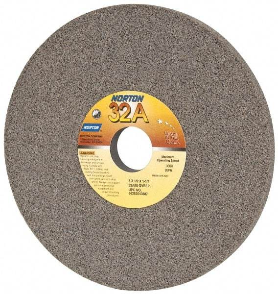 Norton - 8" Diam x 1-1/4" Hole x 1/2" Thick, G Hardness, 60 Grit Surface Grinding Wheel - Aluminum Oxide, Type 1, Medium Grade, 3,600 Max RPM, Vitrified Bond, No Recess - Americas Industrial Supply