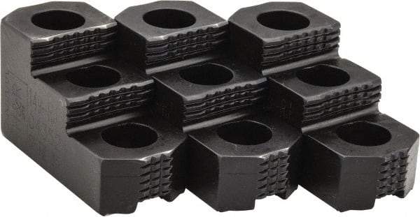 H & R Manufacturing - 8" Max Chuck Diam Compatibility, Case Hardened Steel 1.5mm x 60° Serrated Hard Lathe Top Jaws - 2 Steps, 0.551" Groove Width, 1-1/2" Wide x 3-1/2" Long x 1.969" High - Americas Industrial Supply
