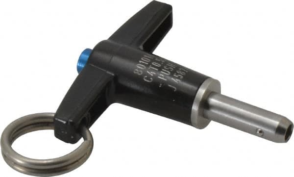 Jergens - 1/4" Diam, 1/2" Usable Length, T Handle, Push Button Quick Release Pin - 2" Overall Length, Grade 17-4 Stainless Steel, Passivated Finish - Americas Industrial Supply