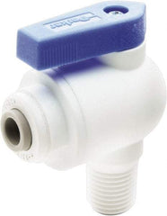 Parker - 1/4" Pipe, Full Port, Polypropylene Valve Male Elbow Ball Valve - Bi-Directional, MNPT x Push-to-Connect Ends, Wedge Handle, 150 WOG - Americas Industrial Supply