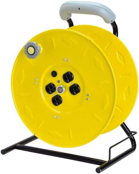 Value Collection - 12 AWG, 100' Cable Length, Cord & Cable Reel with Outlet End, No Cable - 4 Outlets, NEMA 5-15R, 15 Amps, 125 Volts, SO Cable, Yellow Reel, Hand Crank Reel - Americas Industrial Supply