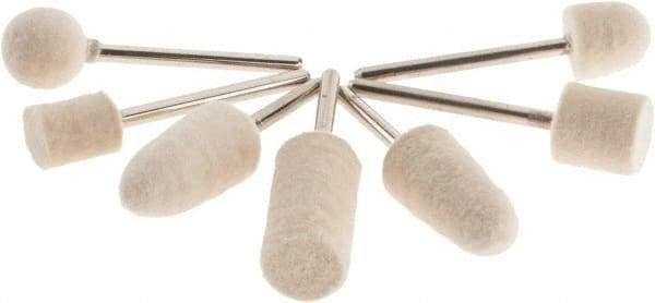 Value Collection - 7 Piece, 1/8" Shank Diam, Wool Felt Bob Set - Medium Density, Includes Ball, Cone, Cylinder, Flame, Olive & Oval Bobs - Americas Industrial Supply