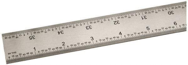 SPI - 36" Long, 1/100, 1/64, 1/32, 1/10" Graduation, Rigid Steel Rule - 5R Graduation Style, 1-1/4" Wide, Silver, Satin Chrome Finish - Americas Industrial Supply