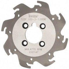 Iscar - Arbor Hole Connection, 0.118" Cutting Width, 1.04" Depth of Cut, 3-15/16" Cutter Diam, 1" Hole Diam, 8 Tooth Indexable Slotting Cutter - TGSF Toolholder, TAG N3 Insert, Right Hand Cutting Direction - Americas Industrial Supply