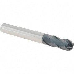 Iscar - 1/2" Diam, 1" LOC, 4 Flute Solid Carbide Ball End Mill - TiAlN Finish, Single End, 4-1/2" OAL, 1/2" Shank Diam, Spiral Flute - Americas Industrial Supply
