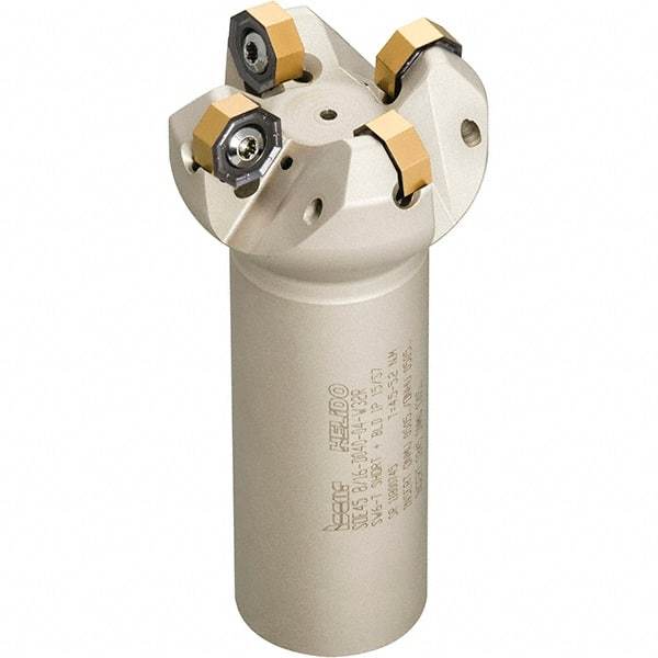 Iscar - 45° Lead Angle, 1.659" Max Cut Diam, 1-1/4" Min Cut Diam, 0.138" Max Depth of Cut, Indexable Chamfer and Angle End Mill - 3 Inserts, ONMU, OXMT, RXMT, SNMU Insert Style, 4" Overall Length, Through Coolant, Straight Shank - Americas Industrial Supply