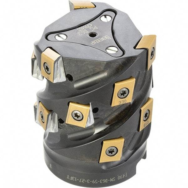 Iscar - 15 Inserts, 63mm Cut Diam, 27mm Arbor Diam, 59mm Max Depth of Cut, Indexable Square-Shoulder Face Mill - 0/90° Lead Angle, 80mm High, T490 LN.. 1306 Insert Compatibility, Through Coolant, Series Helitang - Americas Industrial Supply