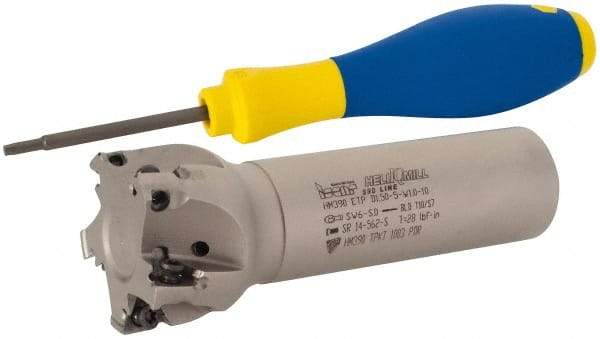 Iscar - 1-1/2" Cut Diam, 0.315" Max Depth of Cut, 1" Shank Diam, 4" OAL, Indexable Square Shoulder Helical End Mill - HM390 TPKT 1003 Inserts, Weldon Shank, 90° Lead Angle, Through Coolant, Series HeliIQMill - Americas Industrial Supply