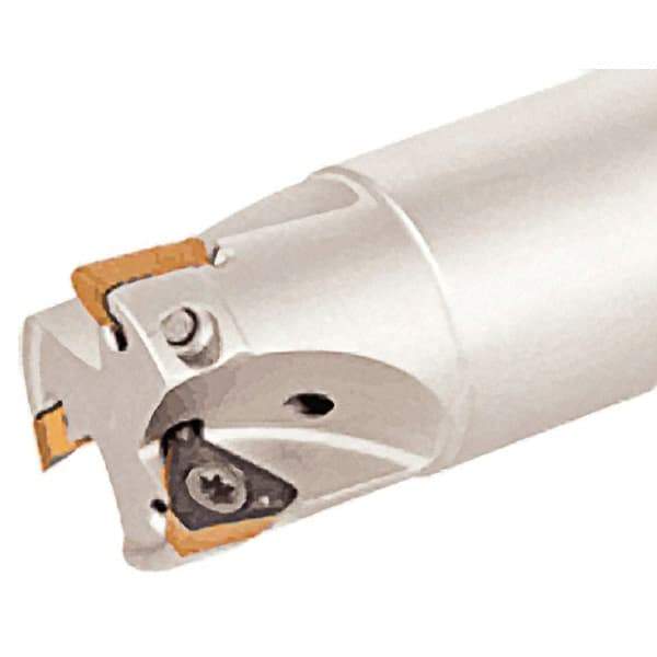 Iscar - 1" Cut Diam, 0.315" Max Depth of Cut, 1" Shank Diam, 7.87" OAL, Indexable Square Shoulder Helical End Mill - HM390 TPKT 1003 Inserts, Cylindrical Shank, 90° Lead Angle, Through Coolant, Series HeliIQMill - Americas Industrial Supply