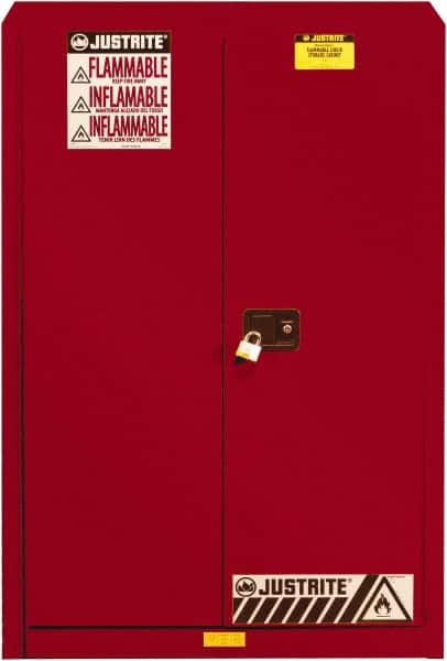 Justrite - 2 Door, 5 Shelf, Red Steel Standard Safety Cabinet for Flammable and Combustible Liquids - 65" High x 43" Wide x 18" Deep, Self Closing Door, 3 Point Key Lock, 60 Gal Capacity - Americas Industrial Supply