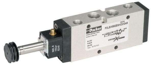 Parker - 1/4" NPT Port, Single Solenoid, 2 Position Valveless Coil, Aluminum Solenoid Valve - Normally Open Through Ports 1 & 2, 232 Max PSI, Buna-N Seal - Americas Industrial Supply