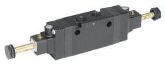 Parker - 3/8" NPT Port, Double Solenoid, 3 Position Valveless Coil, Aluminum Solenoid Valve - Center Exhaust Open, 145 Max PSI, Buna-N Seal - Americas Industrial Supply