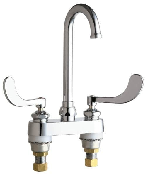 Chicago Faucets - Wrist Blade Handle, Deck Mounted Bathroom Faucet - Two Handle, No Drain, Gooseneck Spout - Americas Industrial Supply