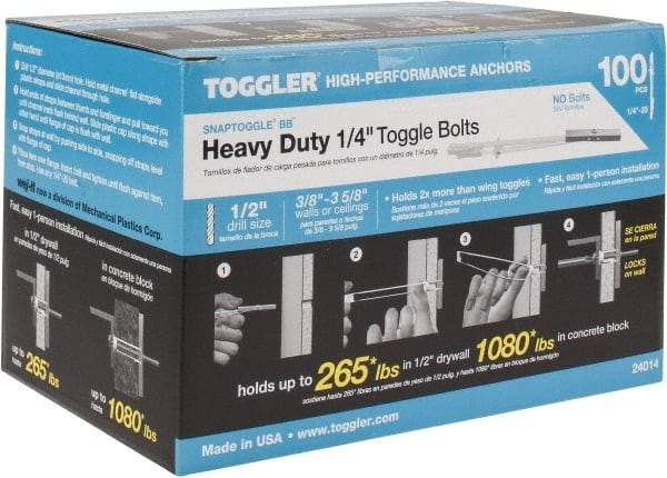 Toggler - 1/4" Screw, 6-1/4" Long, 3/8 to 3-5/8" Thick, Toggle Bolt Drywall & Hollow Wall Anchor - 1/4 - 20" Thread, 1/2" Drill, Zinc Plated, Steel, Grade 1010, Use in Drywall - Americas Industrial Supply