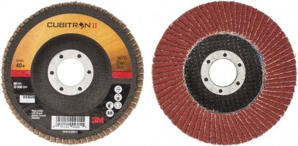 3M - 40 Grit, 4-1/2" Disc Diam, 7/8" Center Hole, Type 27 Ceramic Flap Disc - 13,300 Max RPM, Cloth Backing, Arbor Attaching System, Coated - Americas Industrial Supply